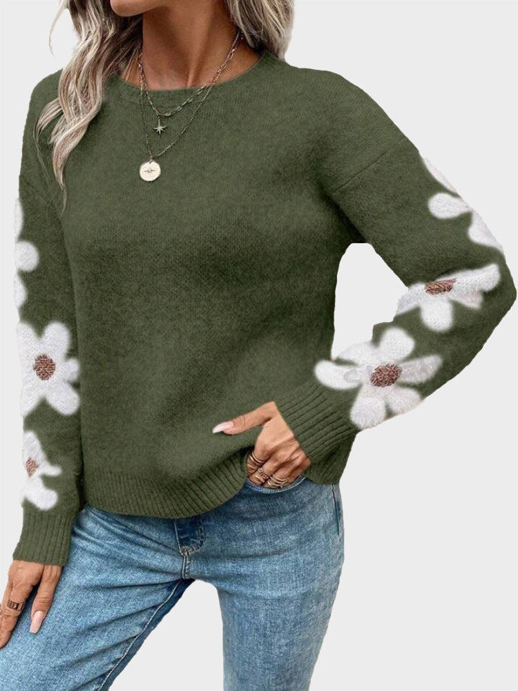 Women's Floral Crew Neck Long Sleeve Casual Loose Sweater Knit