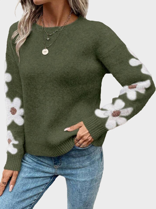 Women's Floral Crew Neck Long Sleeve Casual Loose Sweater Knit