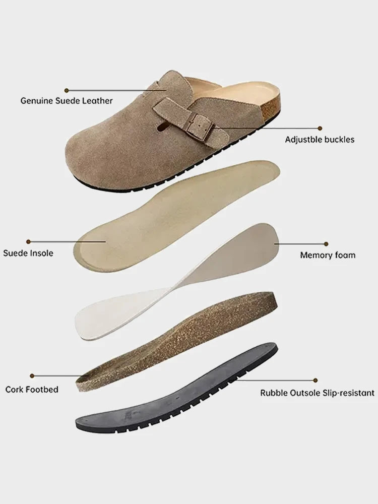 Unisex Suede Cork Clogs – Arch Support Buckle Slip-Ons