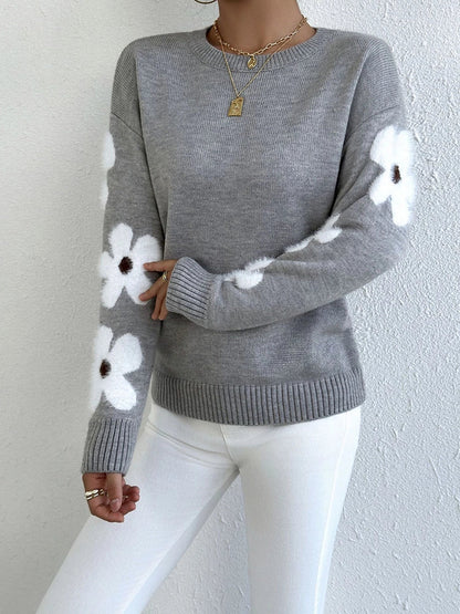 Women's Floral Crew Neck Long Sleeve Casual Loose Sweater Knit