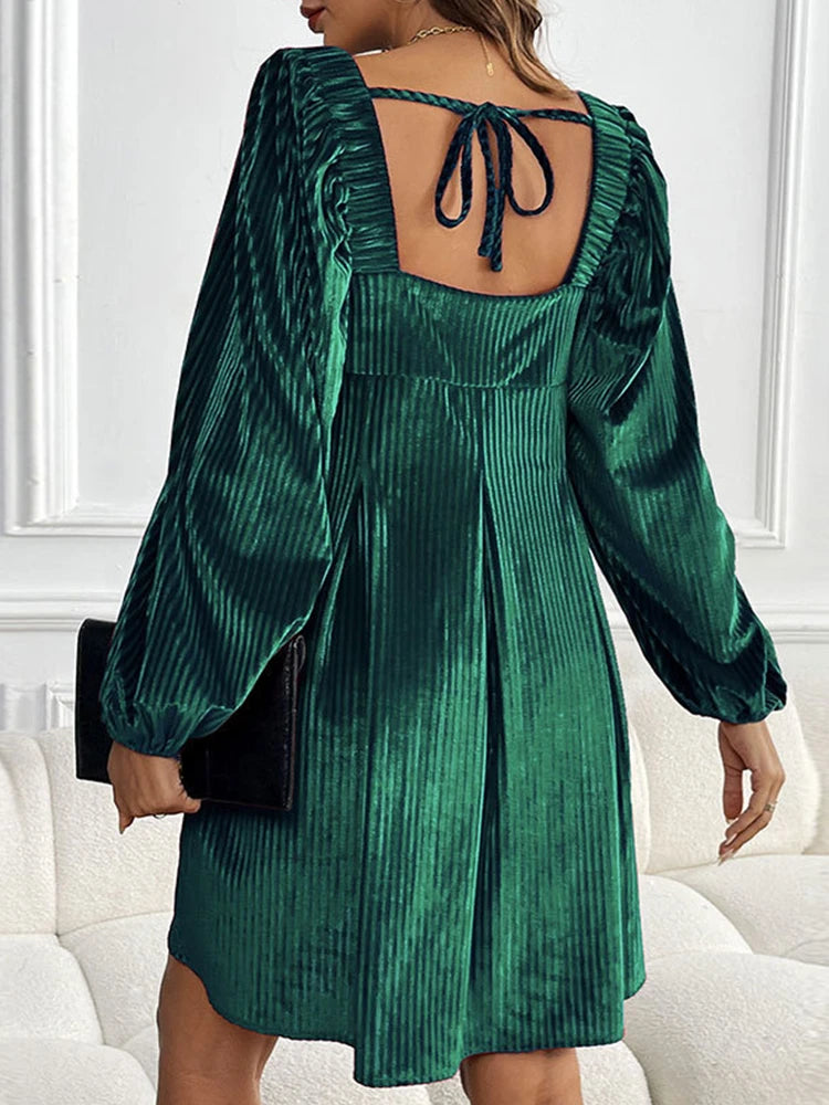 Women Long Sleeve Backless Velvet Mini Dress