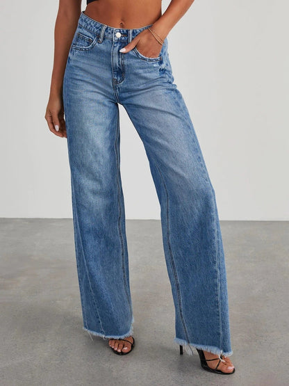 Wide Leg Side Seam Stitching Frayed Hem Jeans