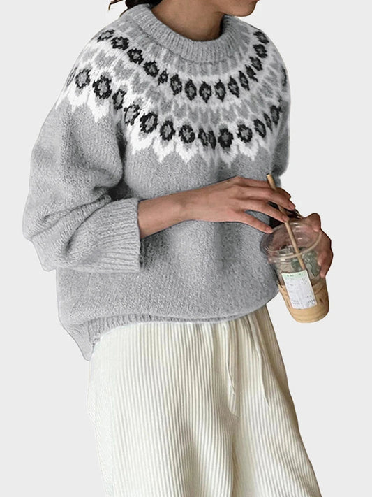 Women's ethnic style long-sleeved round neck Fair Isle sweater