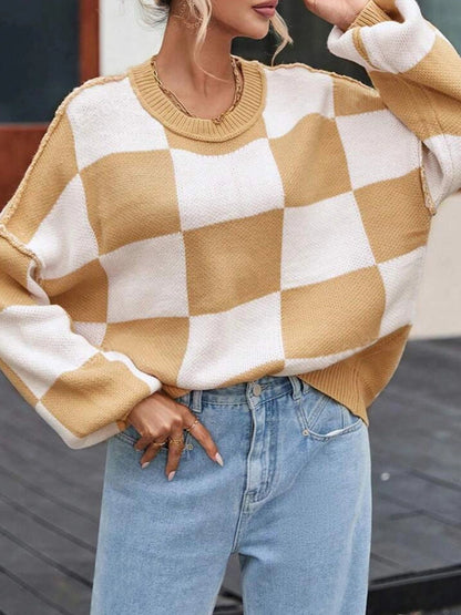 Womens Crew Neck Long Sleeve Plaid Ribbed Knit Loose Pullover Sweater  Tops