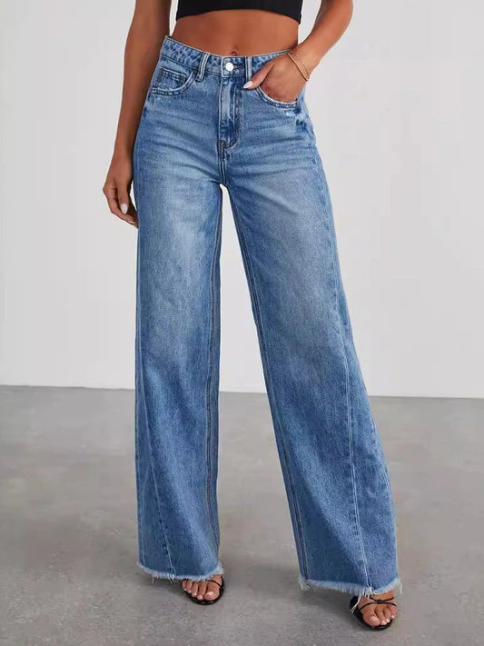 Wide Leg Side Seam Stitching Frayed Hem Jeans