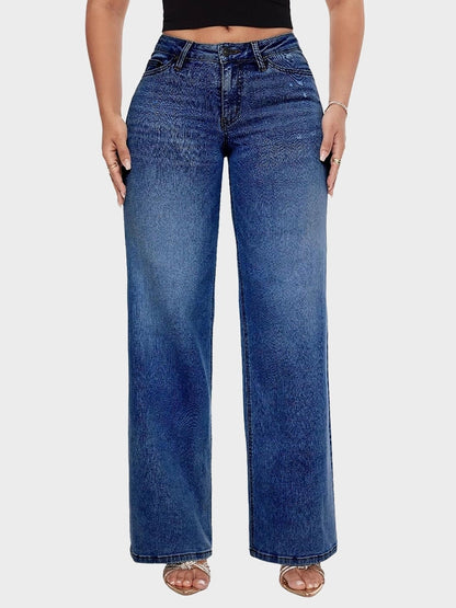 Mid Low Rise Baggy Stretchy Wide Leg Distressed Jeans