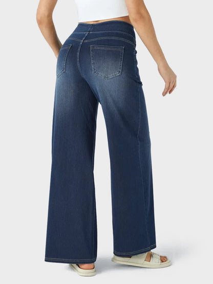 High Waisted Pockets Baggy Wide Leg Washed Casual Jeans