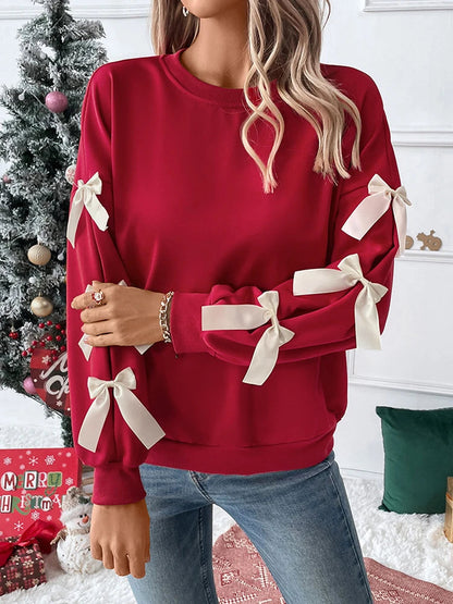 Women's round neck Christmas Sweatshirts with bow